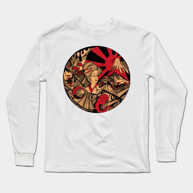 Red and Cream Dreaming of Japan Long Sleeve T-Shirt by kenallouis